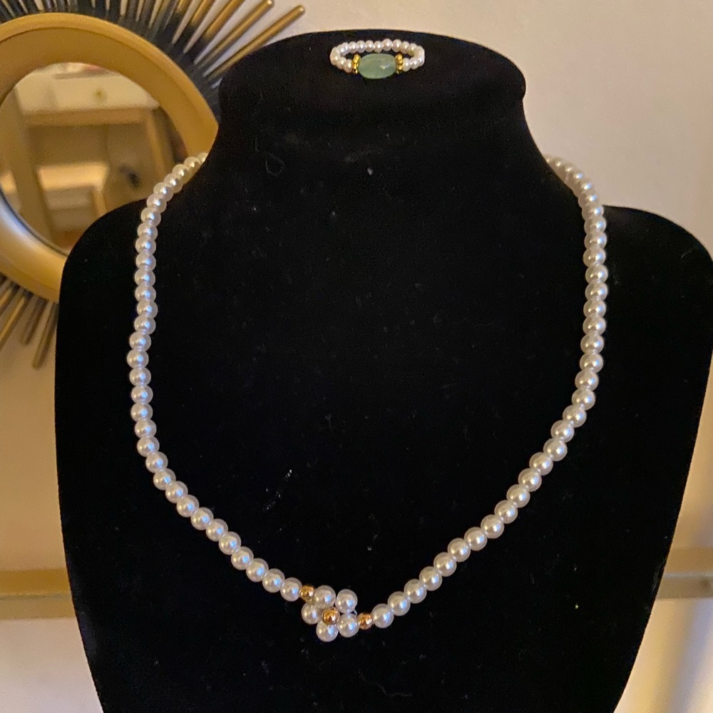 pearl flower choker necklace with beaded pearl ring set